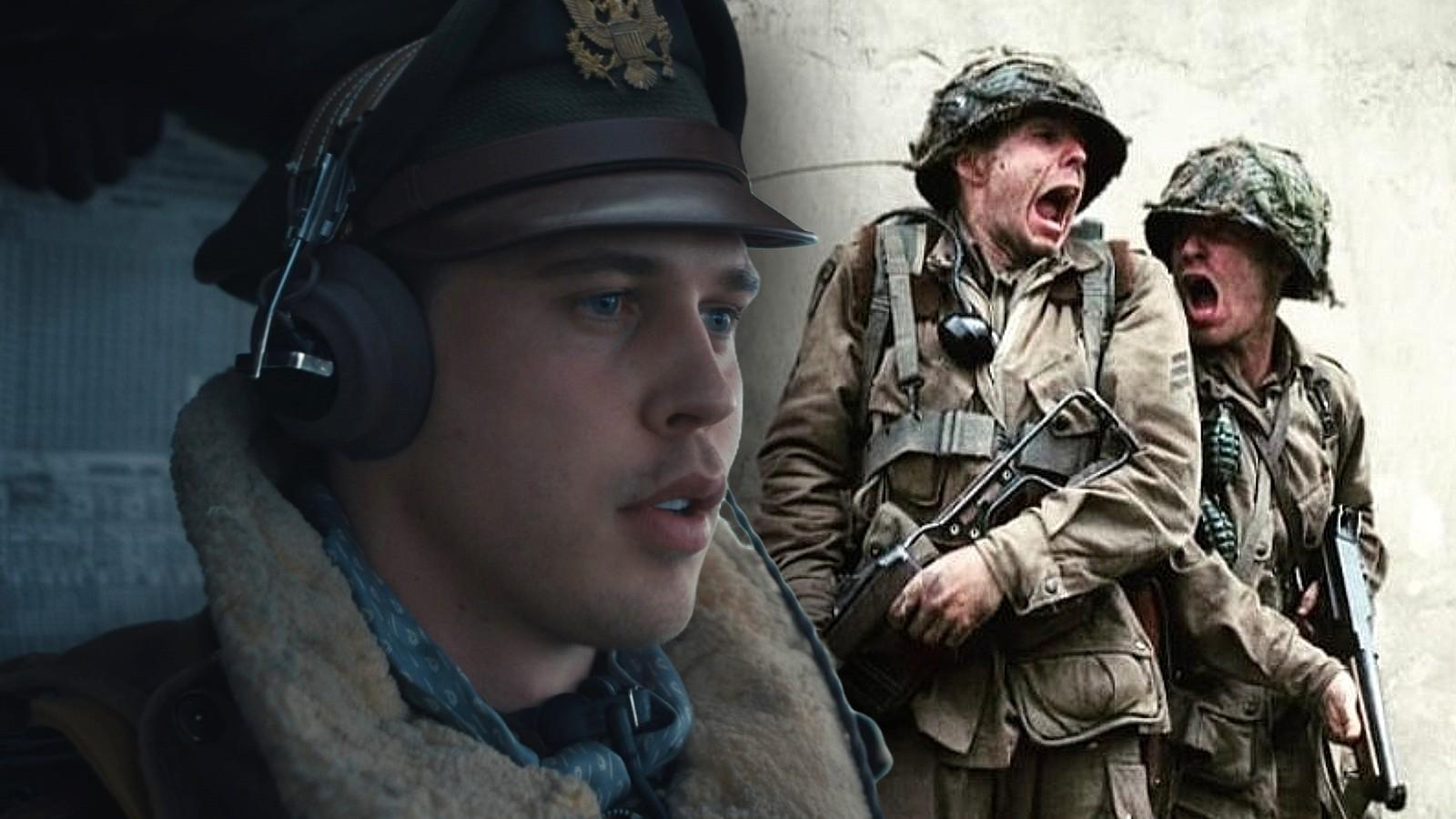 Austin Butler in Masters of the Air and a still from Band of Brothers