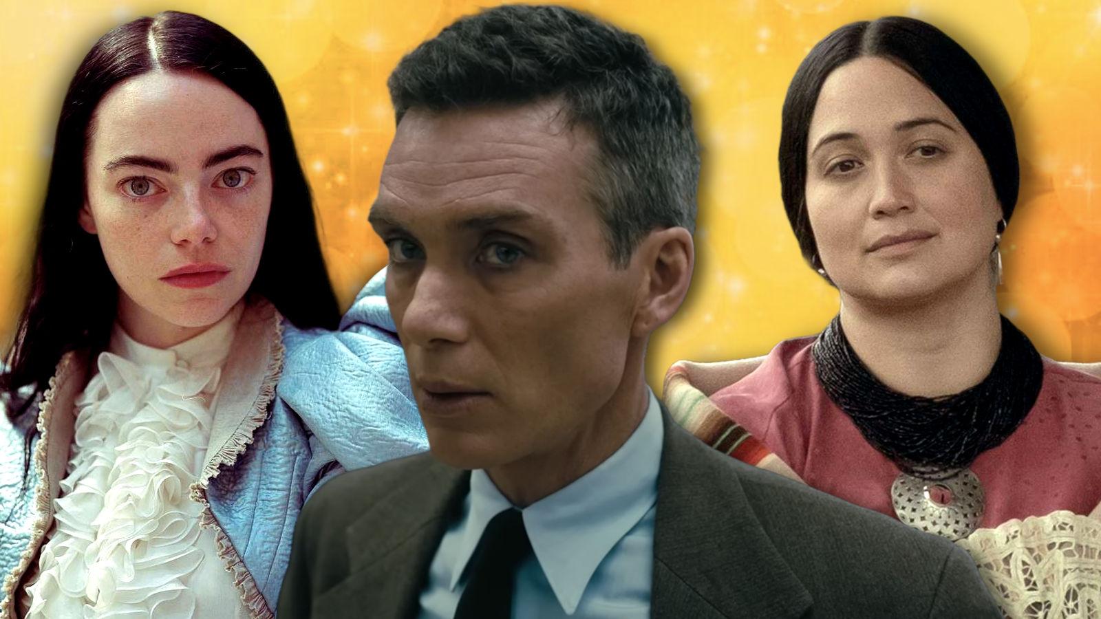 Emma Stone in Poor Things, Cillian Murphy in Oppenheimer, and Lily Gladstone in Killers of the Flower Moon