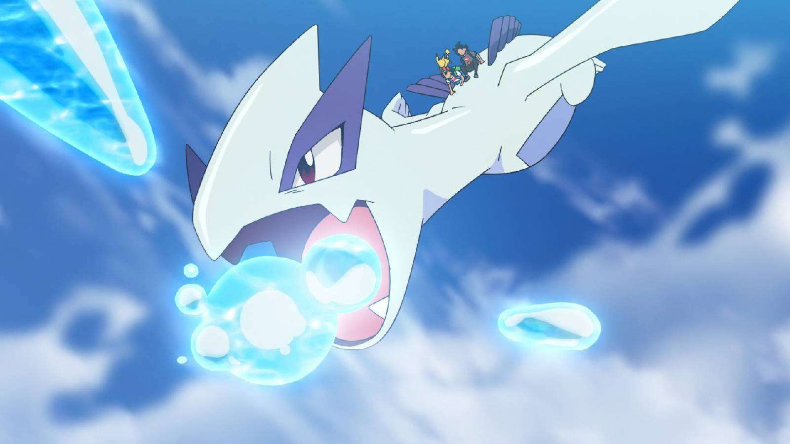 A still from the Pokemon anime shows several Pokemon trainers riding the Pokemon Lugia through the air