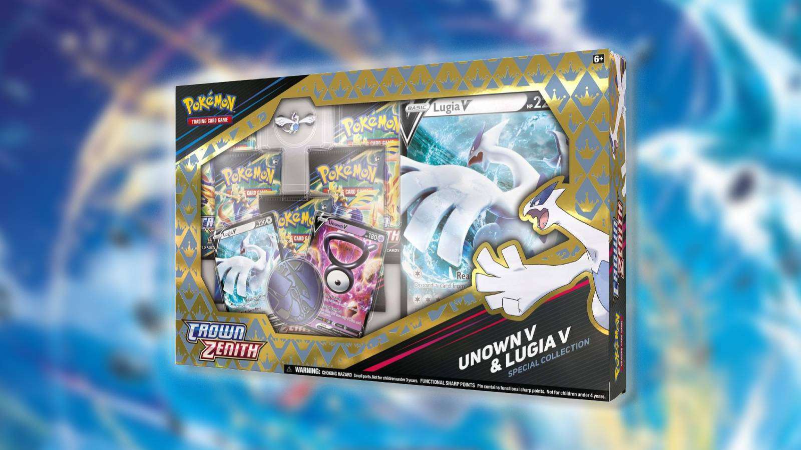The Pokemon TCG Crown Zenith Lugia V set is shown against a blurred background