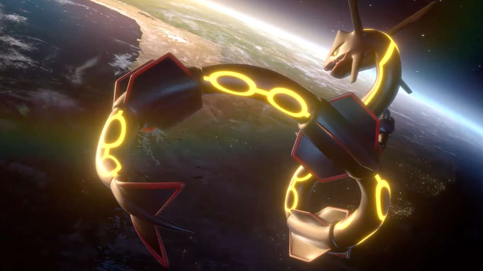 Legendary Pokemon Rayquaza about to descend from space.
