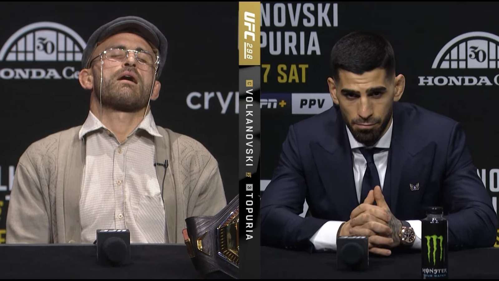 Alexander Volkanovski taunts his UFC 298 opponent by “falling asleep” during press conference