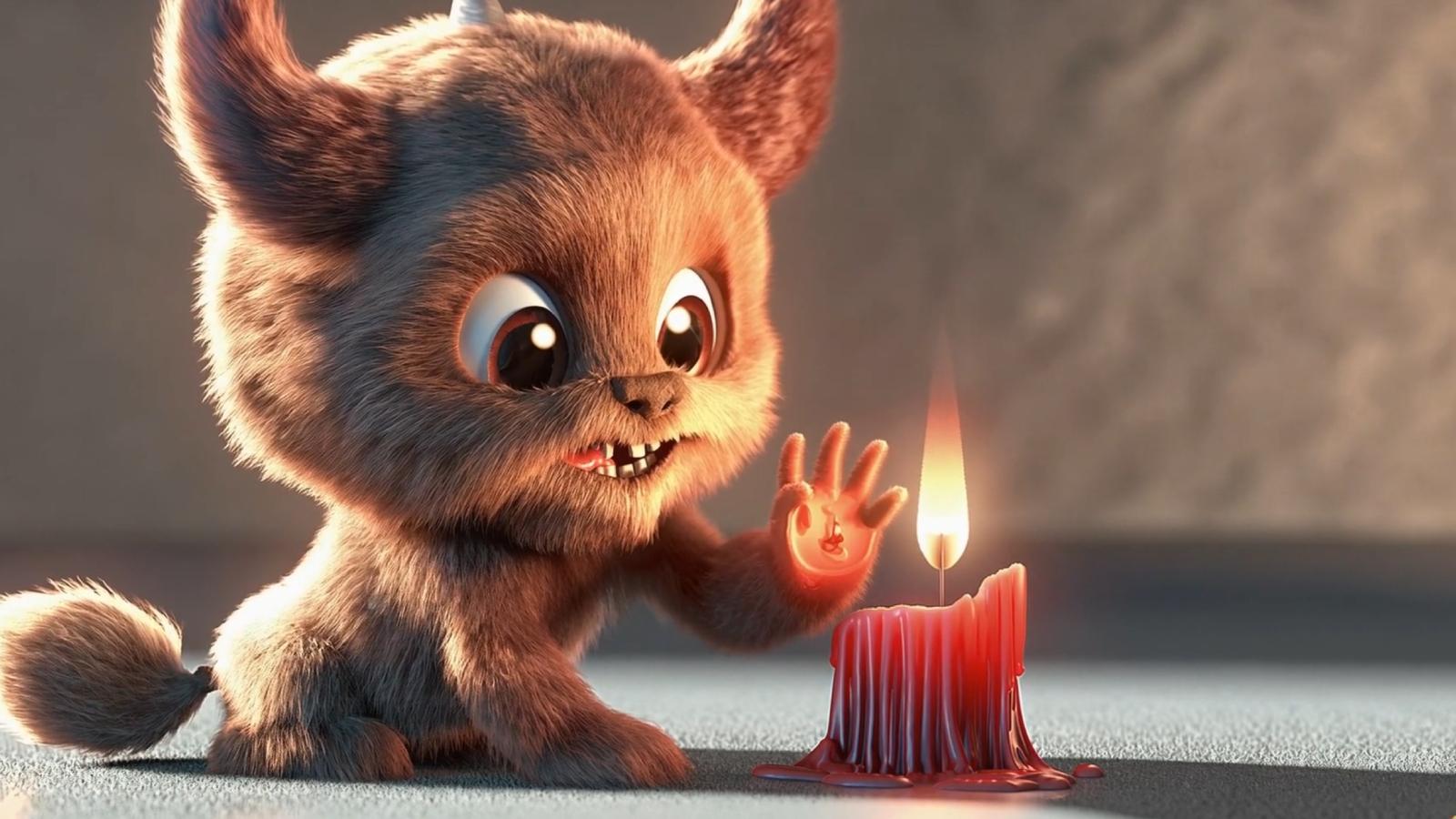 AI generated creature touching a lit candle