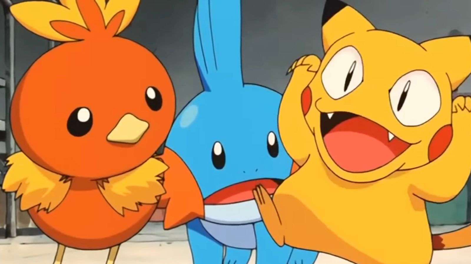 Torchic, Mudkip, and Pikachu pretending to be Meowth from the Pokemon anime.