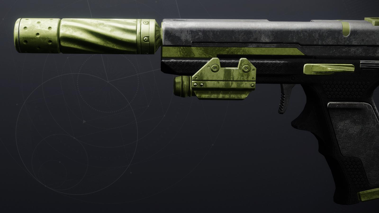 A side profile of the Heliocentric QSc sidearm in Destiny 2.