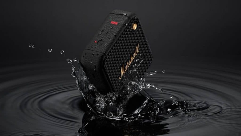 Image of the Marshall Bluetooth speaker crashing into water on a black background.