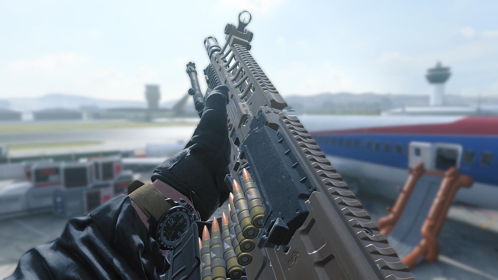 TAQ Evolvere LMG being inspected on MW3 Terminal multiplayer map.