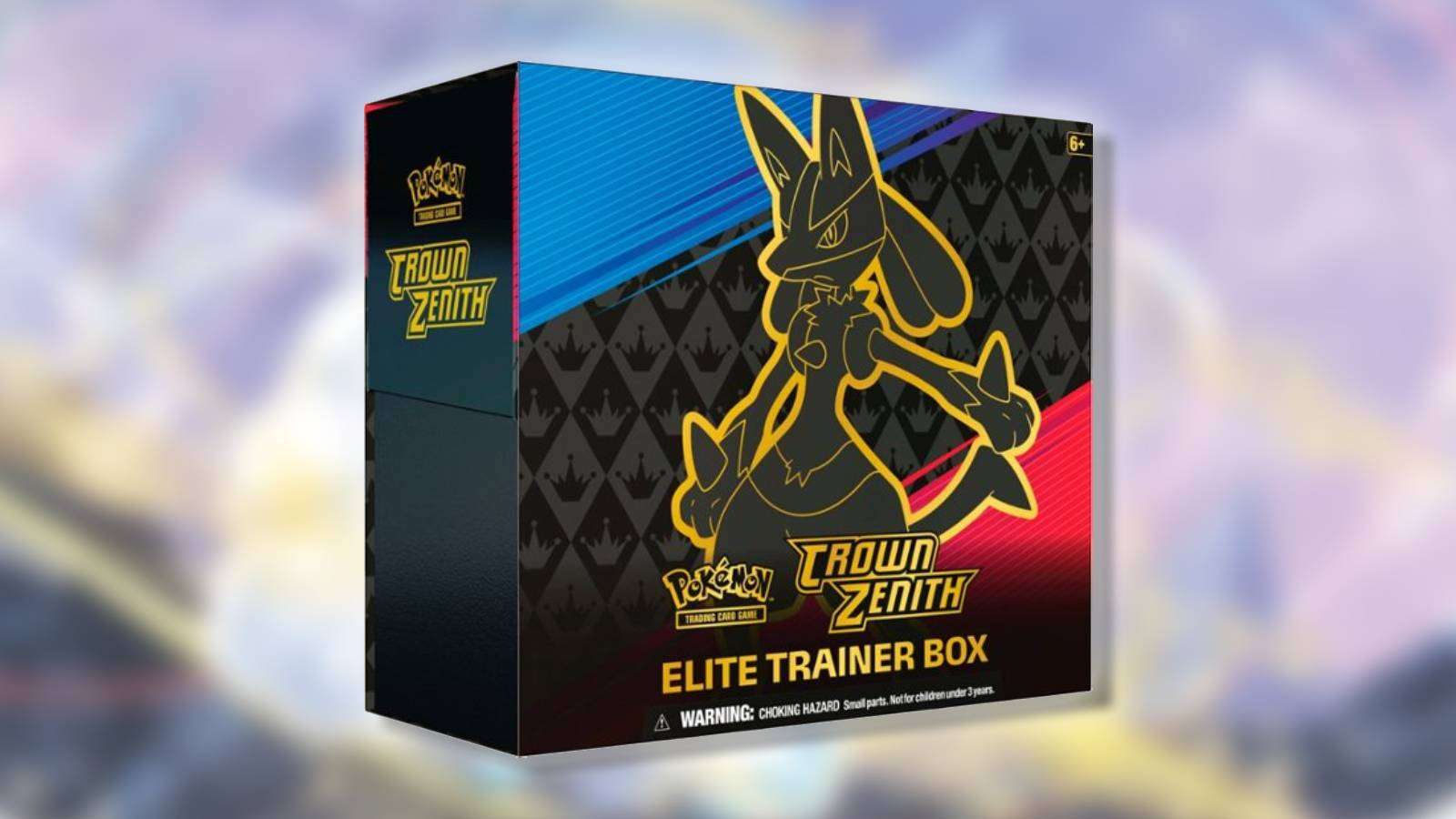 A Pokemon TCG Crown Zenith Elite Trainer box appears against a blurred background