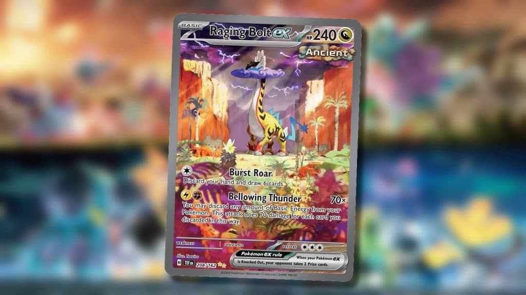 A Pokemon TCG card shows the Pokemon Raging Bolt