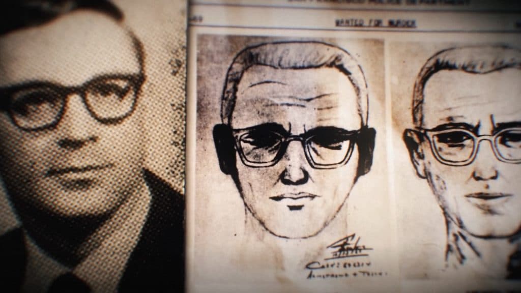 Image of Jim Mordecai beside police sketches of the Zodiac Killer, as shown in The Truth About Jim
