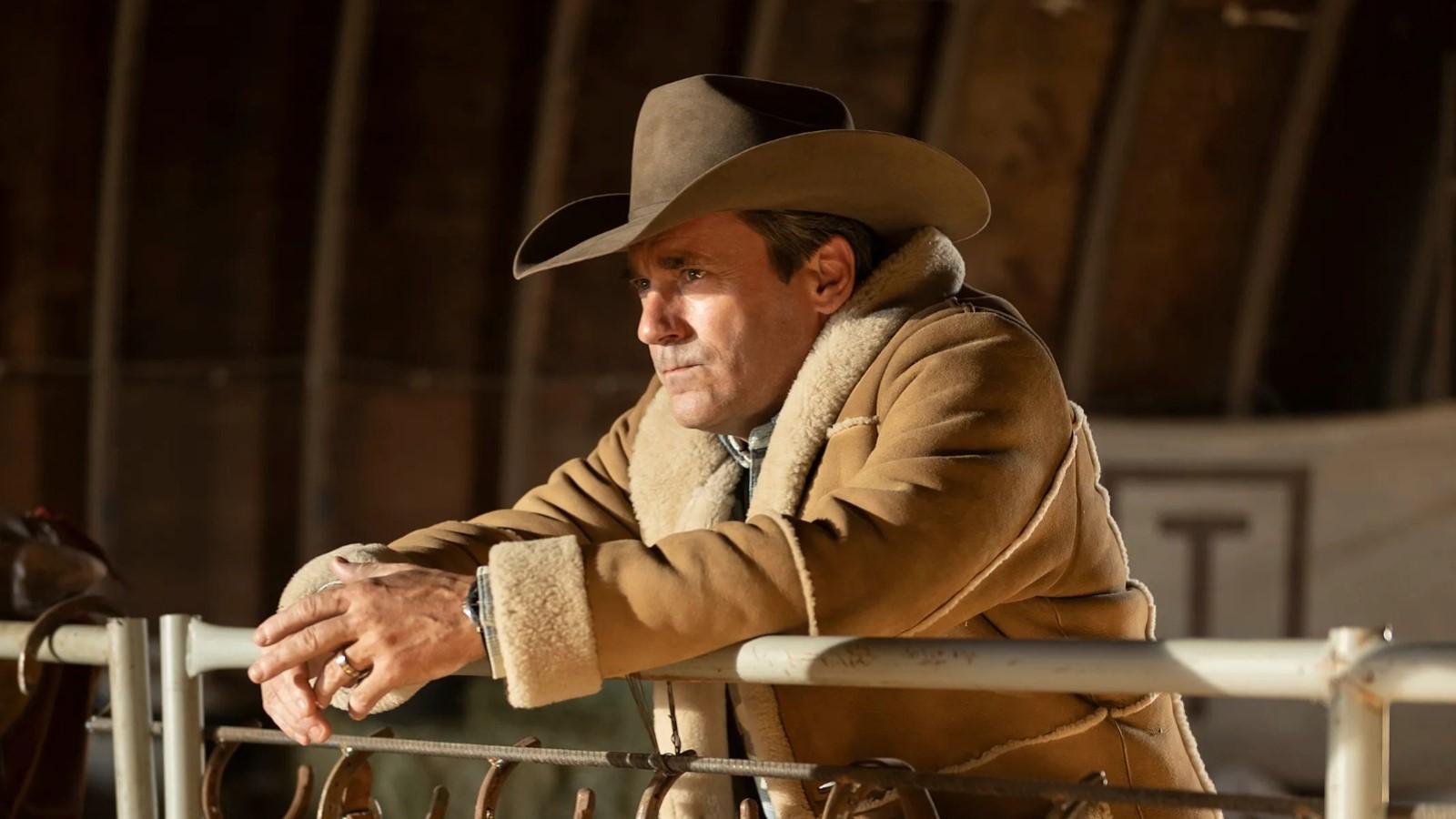 Jon Hamm as Roy Tillman in Fargo Season 5, wearing a hat and leaning on a railing