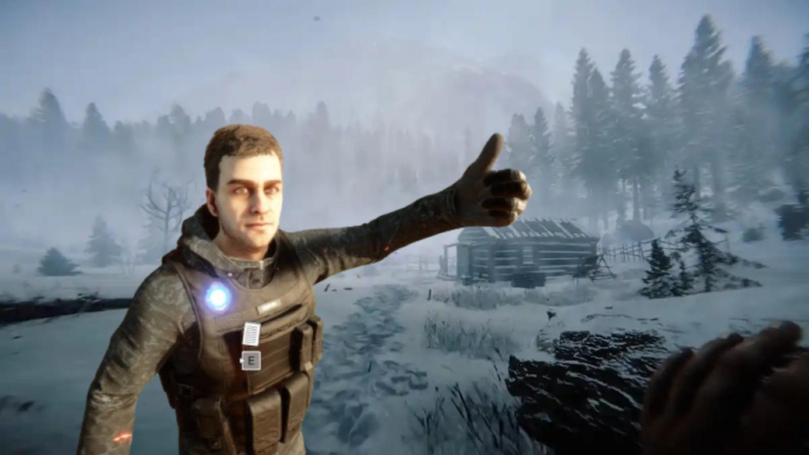 A screenshot featuring Kelvin in the winter in Sons of the Forest.