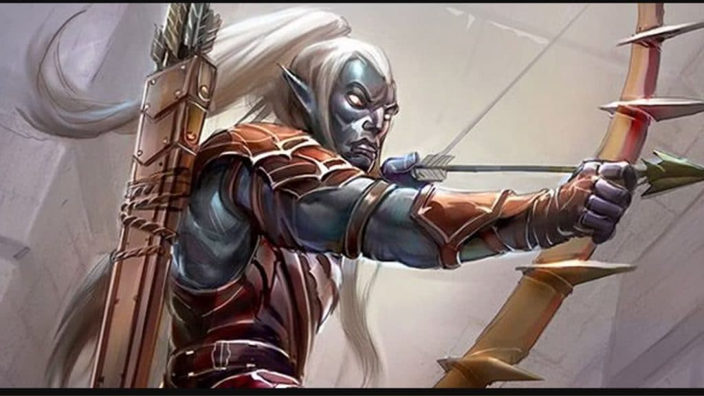 A Drow Ranger draws their bow in Dungeons & Dragons.