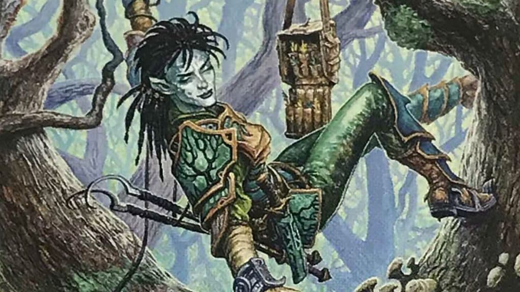 An Elf Ranger hangs in a tree in Dungeons & Dragons