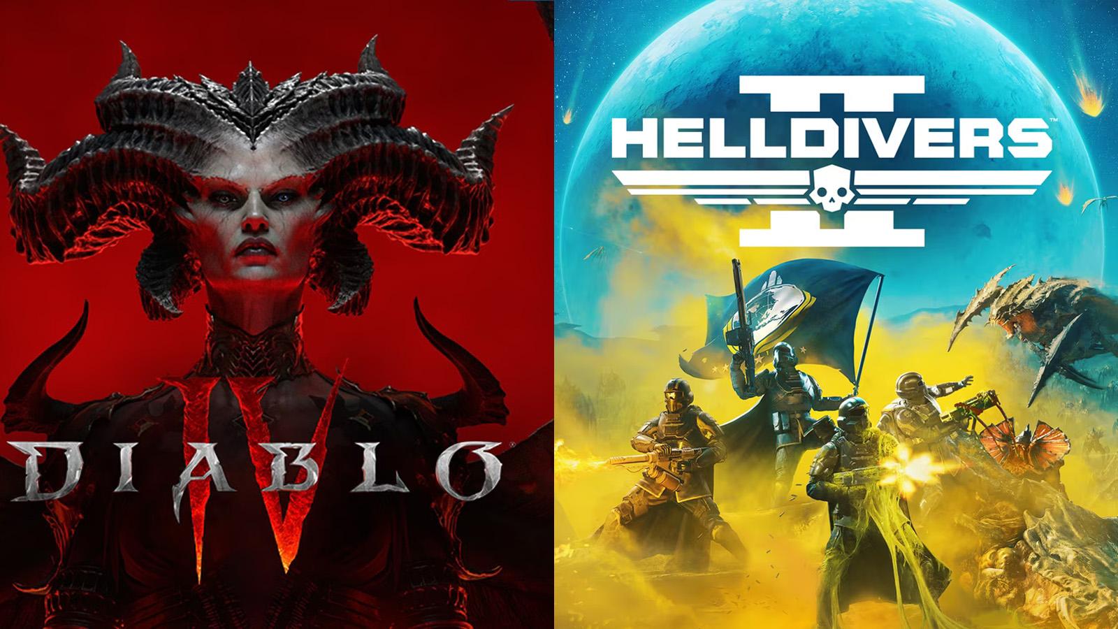 Promotional art for Diablo 4 and Helldivers 2 side by side