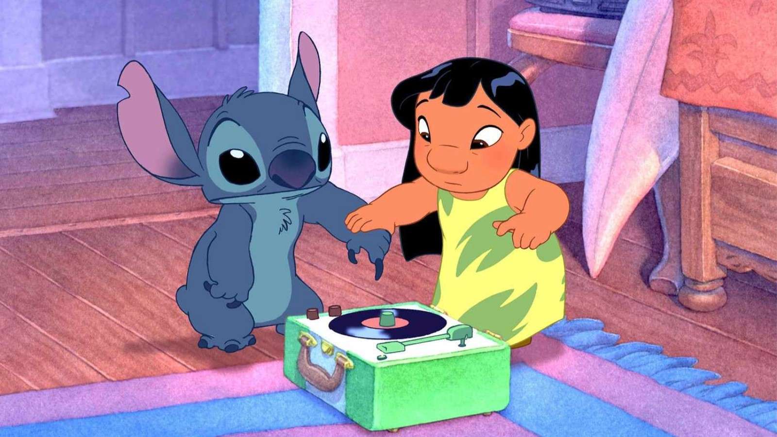 Lilo and Stitch: Lilo holding Stitch's hand over a record player