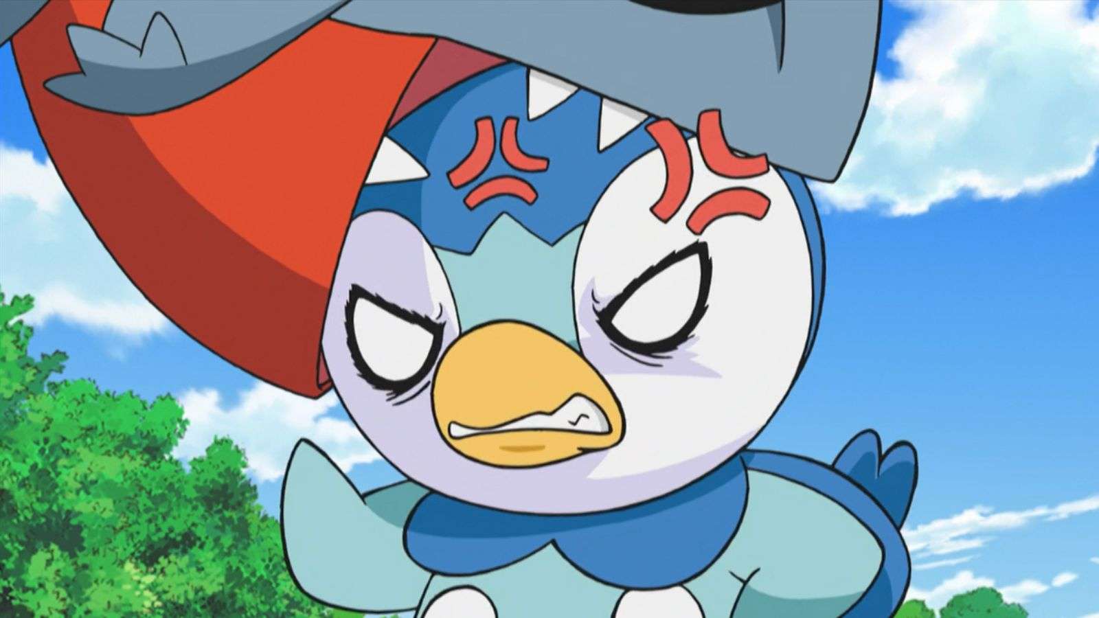 Angry Piplup getting bitten by Gible in Pokemon anime.