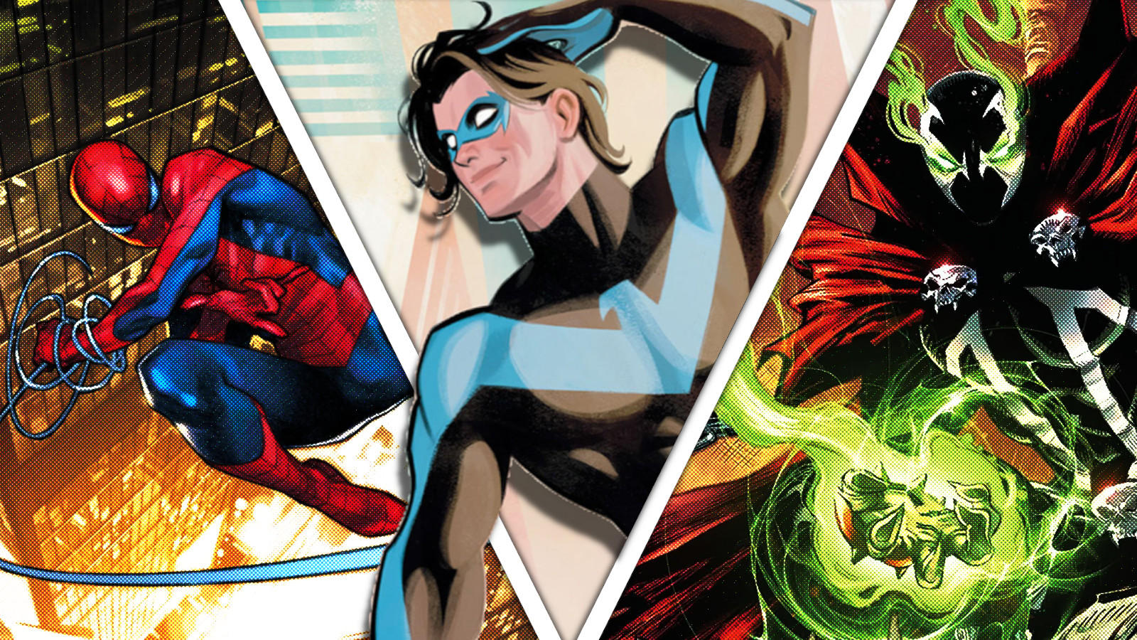 Ultimate Spider-Man, Nightwing, and Spawn key art.