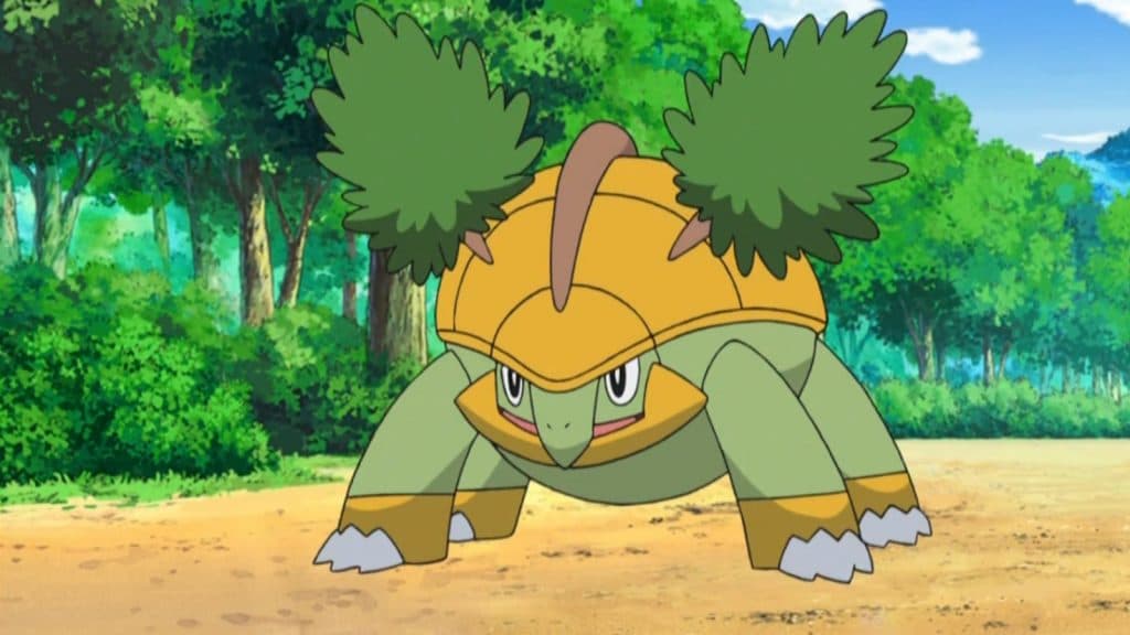 Ash's Grotle about to attack in the Pokemon anime.