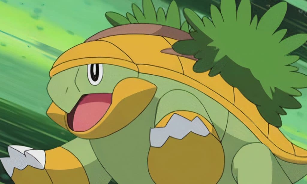 Ash's Grotle attacking in Pokemon anime.
