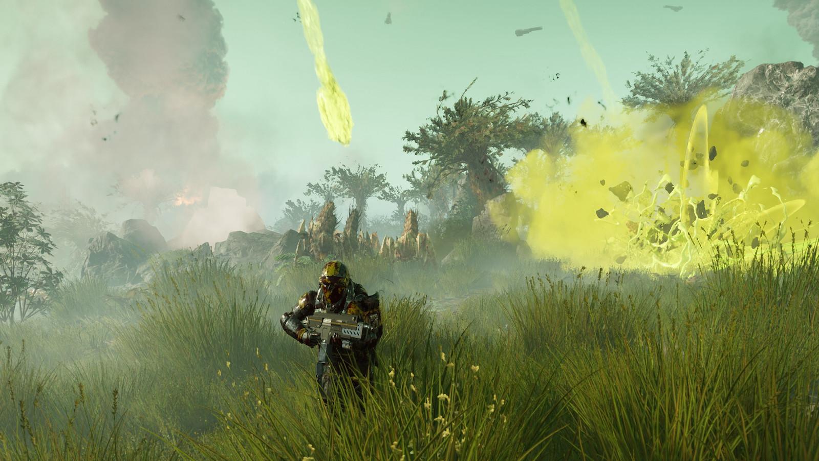 Helldivers 2 character running towards camera as Stratagems drop from the sky.