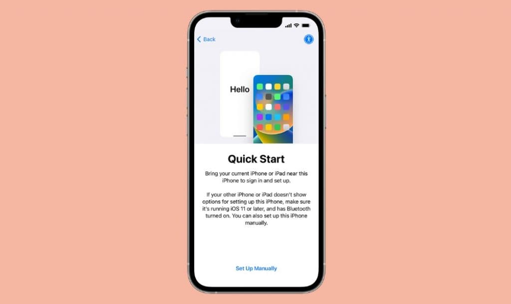 Screenshot showing iPhone quick start menu