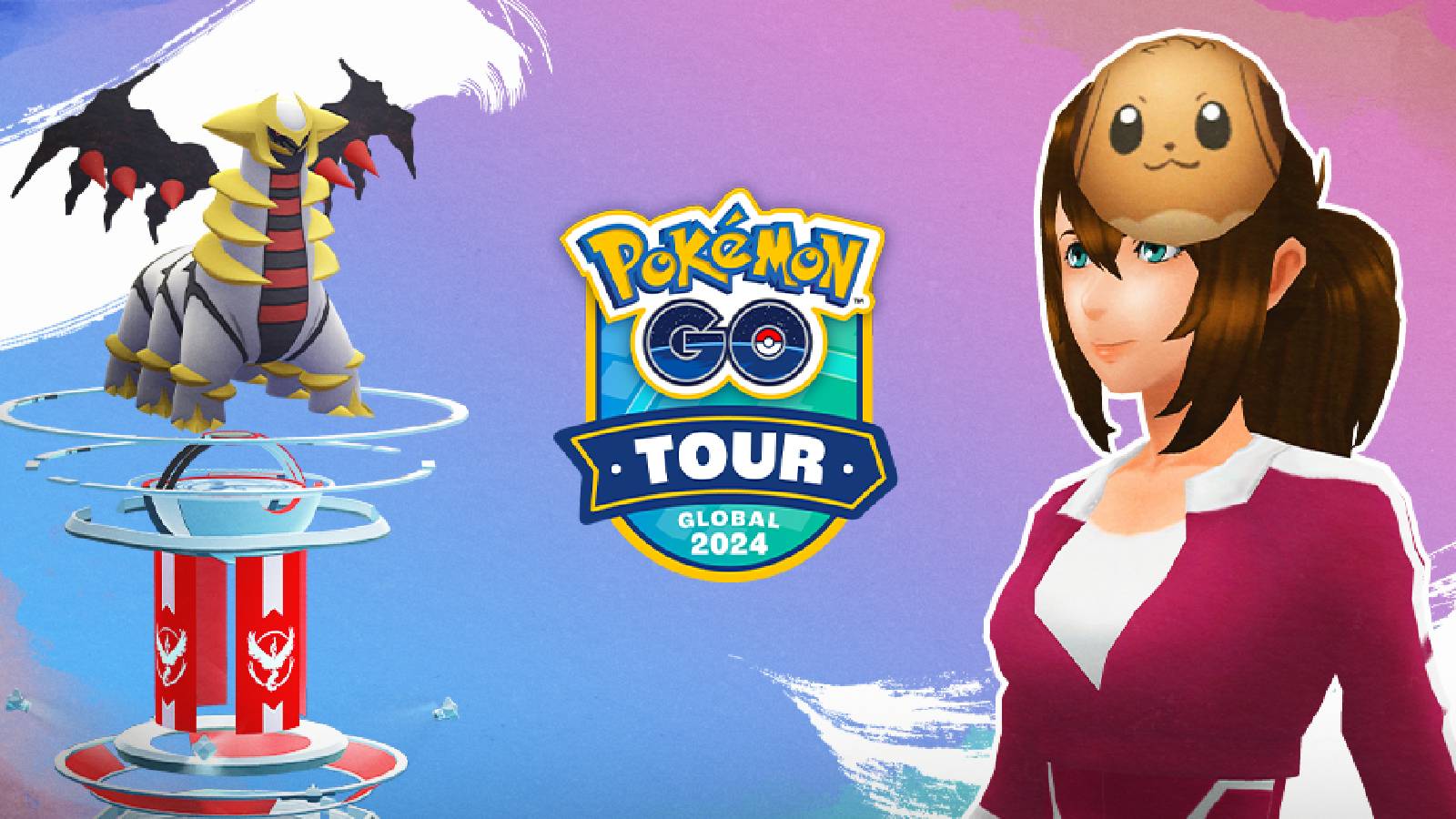 Key art for Pokemon Go shows a trainer wearing an Eevee hat, while Giratina appears above a Raid Gym on the left