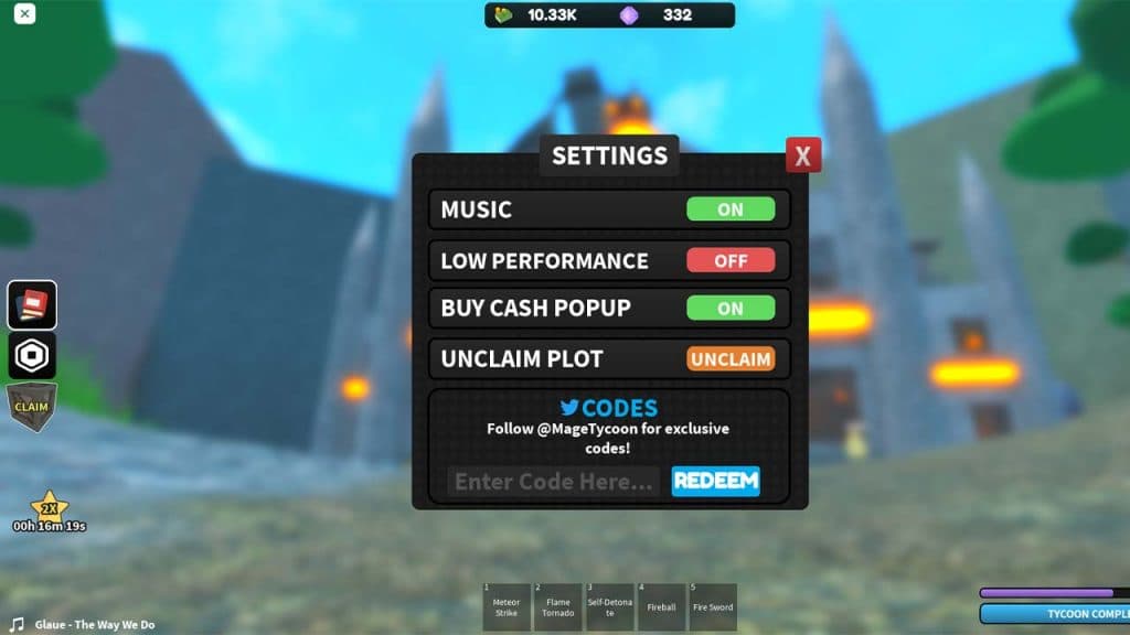 Image shows how players can use codes in Mage Tycoon
