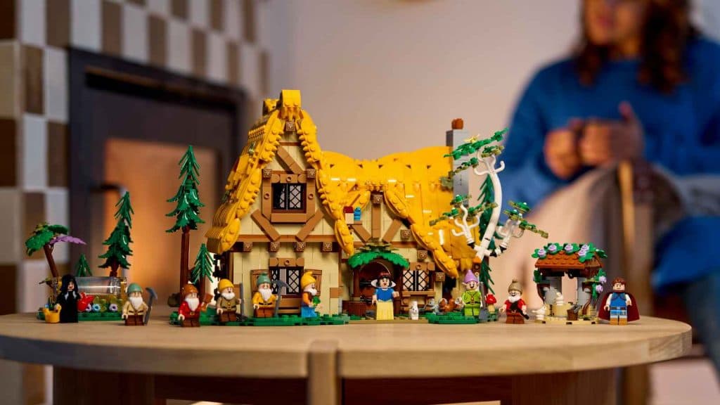 The LEGO Disney Snow White and the Seven Dwarfs' Cottage on display