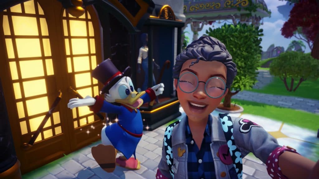 Scrooge and a player posing for a photo in Dreamlight Valley