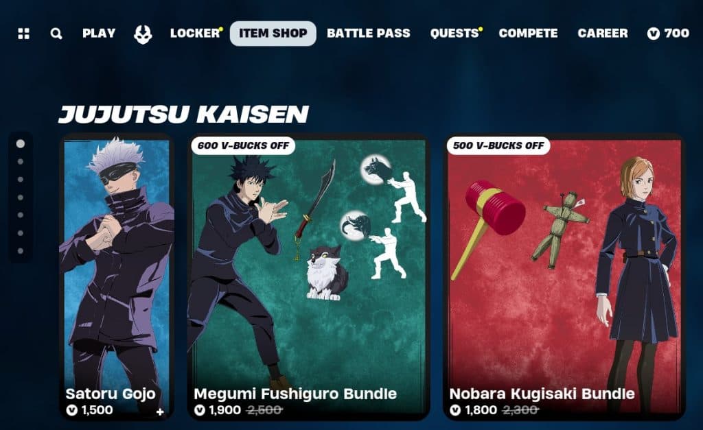 Jujutsu Kaisen skins and cosmetics in Fortnite.