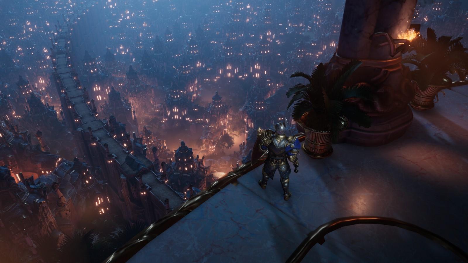 A warrior looks over a huge city in Last Epoch