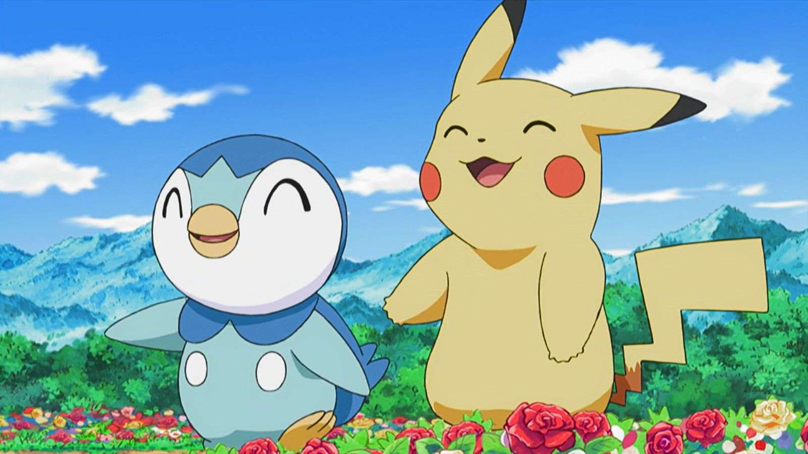 Piplup and Pikachu in garden from Pokemon anime.