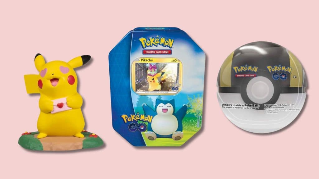 Pokemon Day 2024 giveaway items including Pikachu statue, Pokemon Go tin, and Ultra Ball tin.
