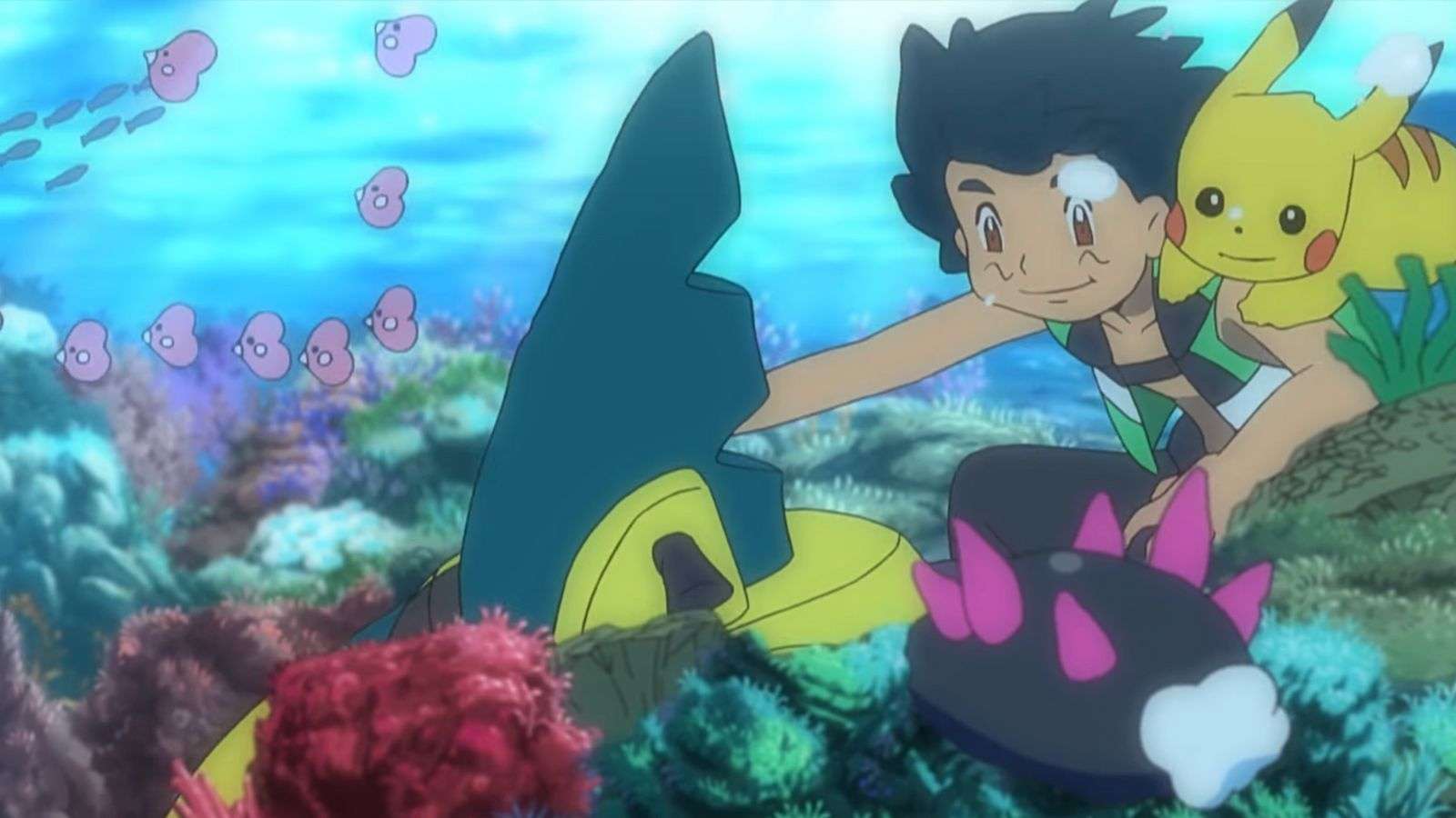 Ash and Pikachu underwater in the Pokemon anime.