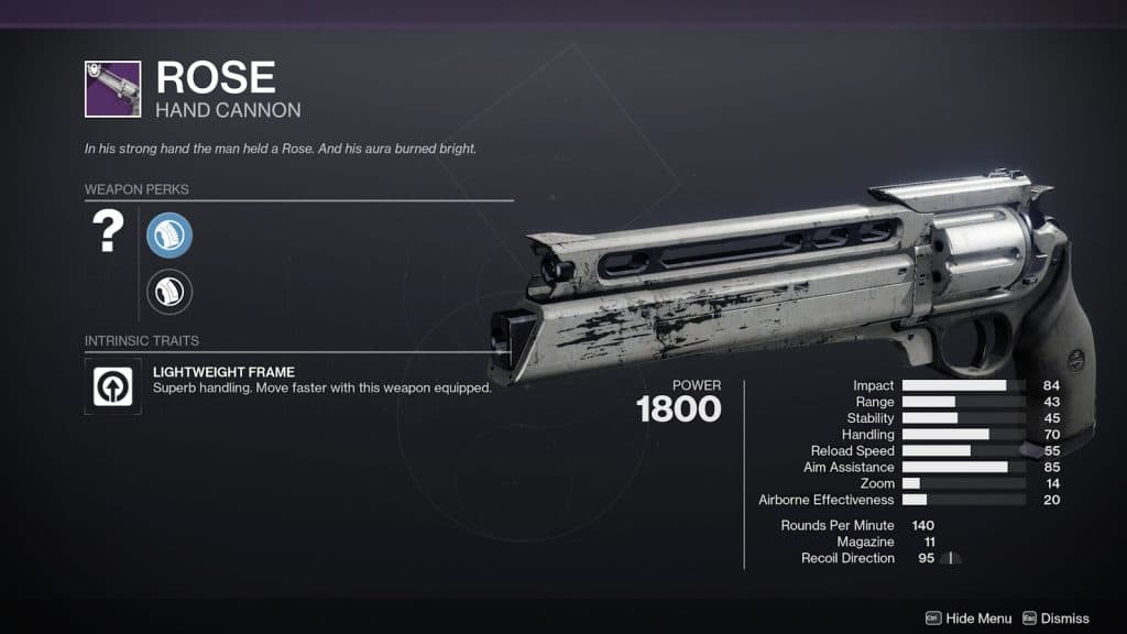 Rose Hand Cannon summary and perk overview in Destiny 2.