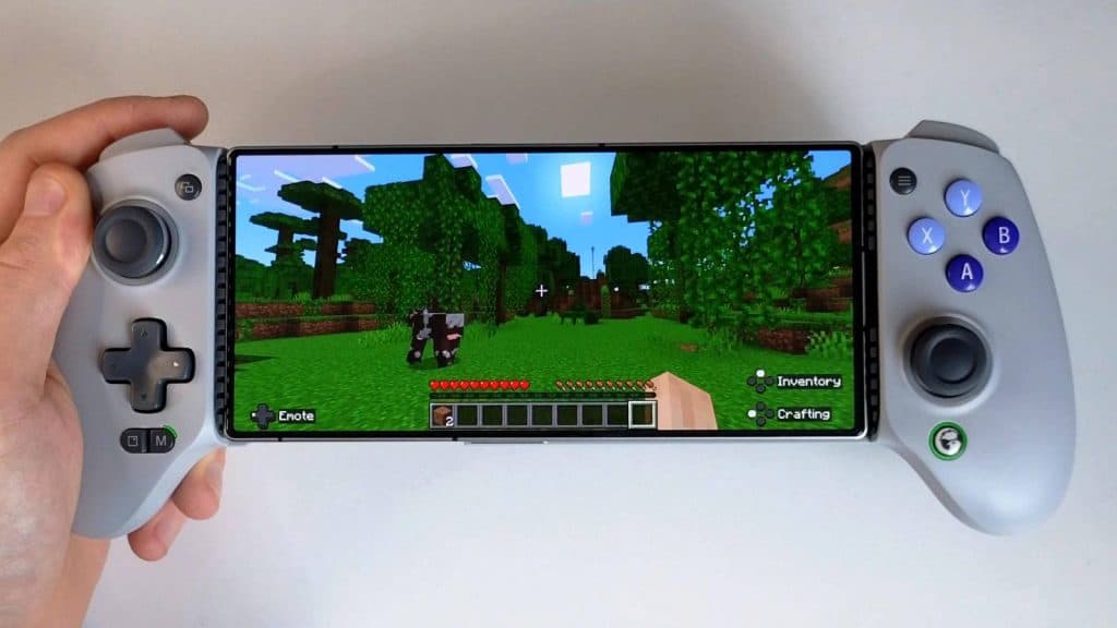 The GameSir G8 Galileo mobile controller is visible, playing Minecraft