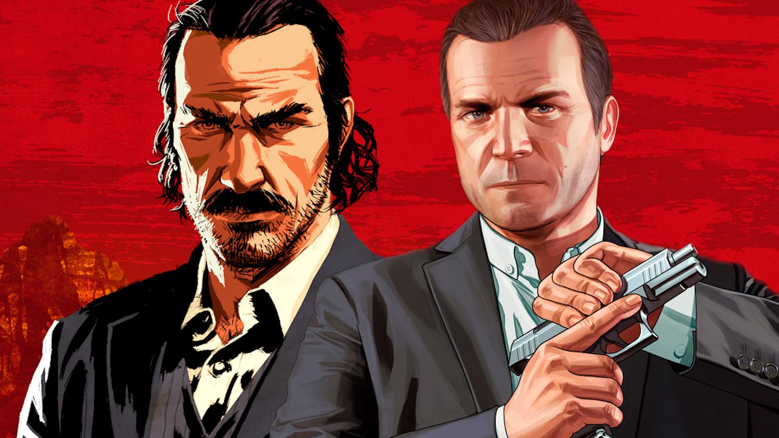 GTA 5's Michael with Dutch on RDR2 red background