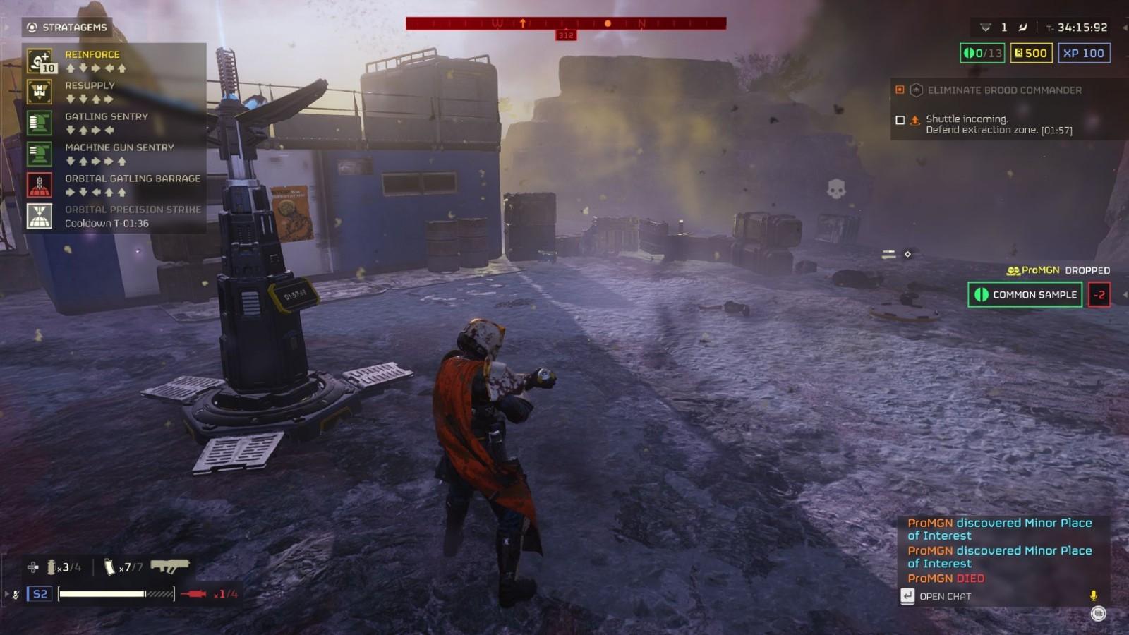 A screenshot of Helldivers 2 gameplay including the Reinforce code.