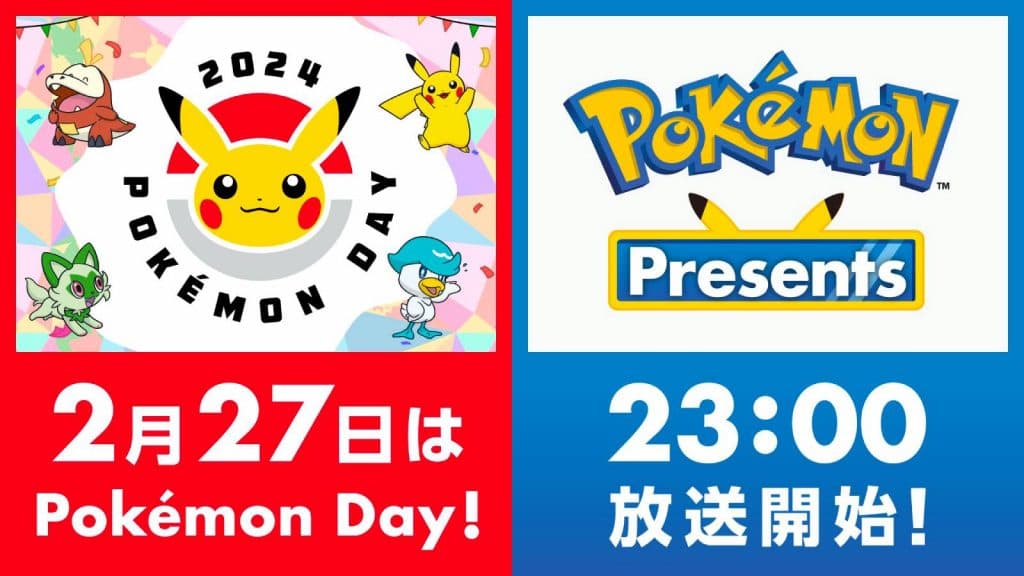A infographic displays the time and date for the next Pokemon Presents, alongside images of different Pokemon
