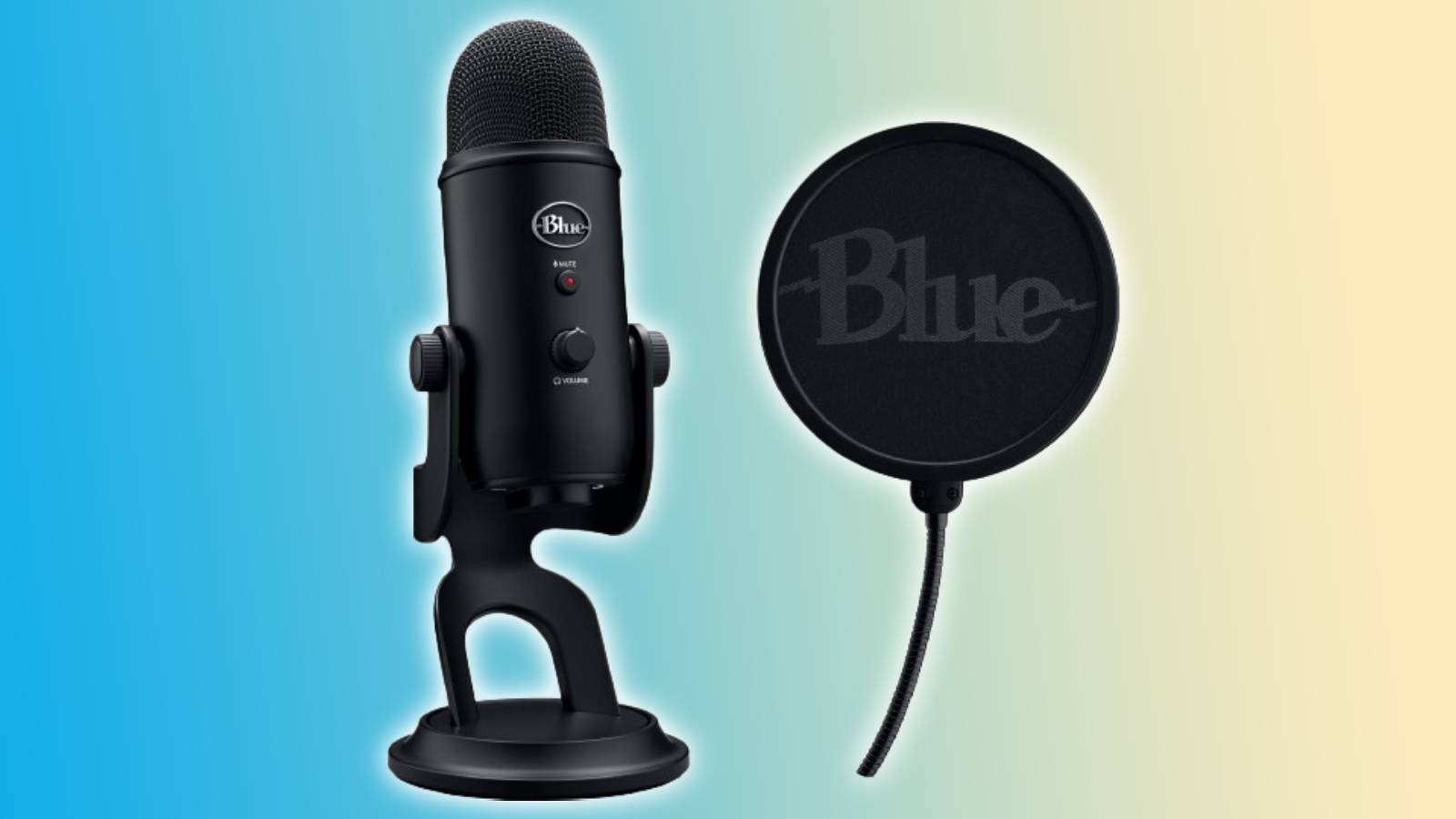 Image of the Blue Yeti Game Streaming Kit with Yeti USB Gaming Mic on a blue and yellow background.