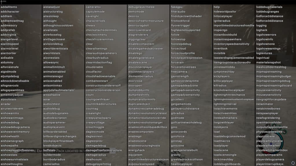 an image of all console commands in Sons of the Forest