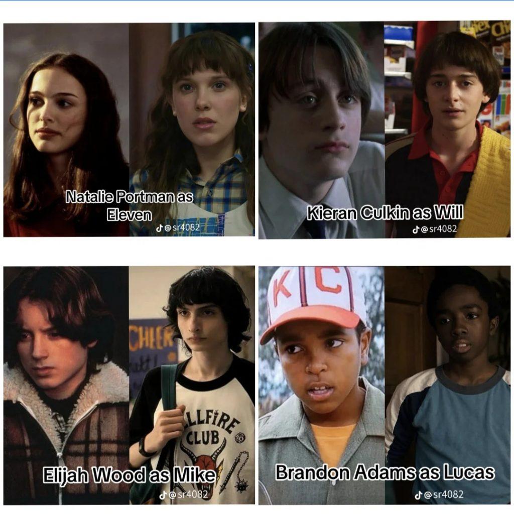 A Stranger Things '90s fancast showing images of Eleven, Mike, Dustin, and Lucas