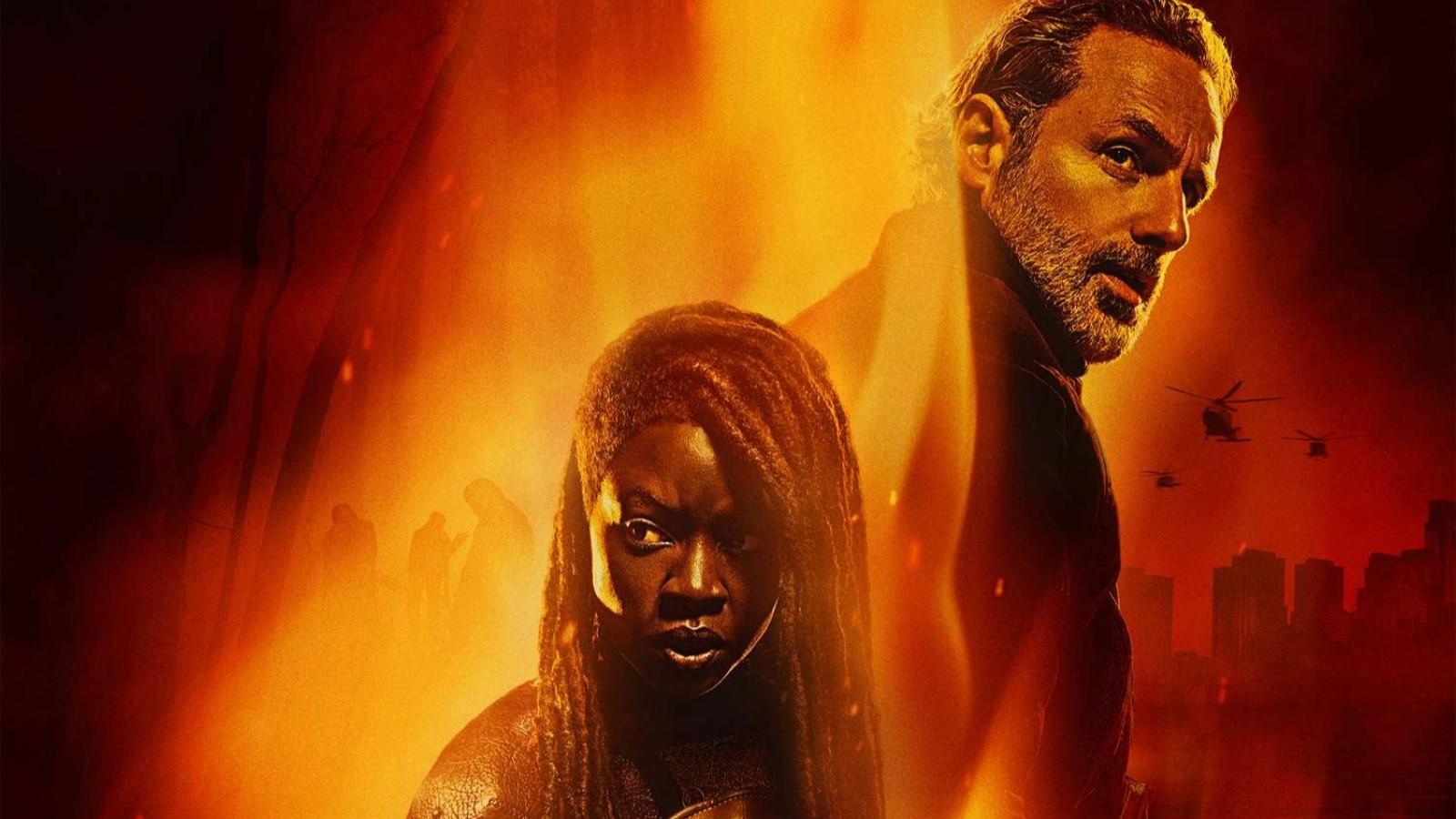The official poster for The Walking Dead: The Ones Who Live, with Rick and Michonne against an orange backgrouund