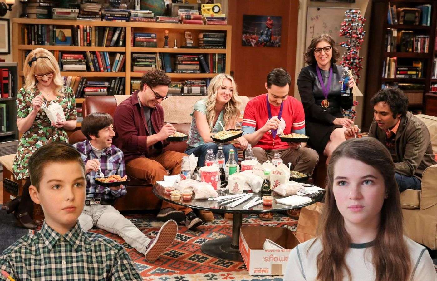 The cast of The Big Bang Theory with Sheldon and Missy from Young Sheldon.