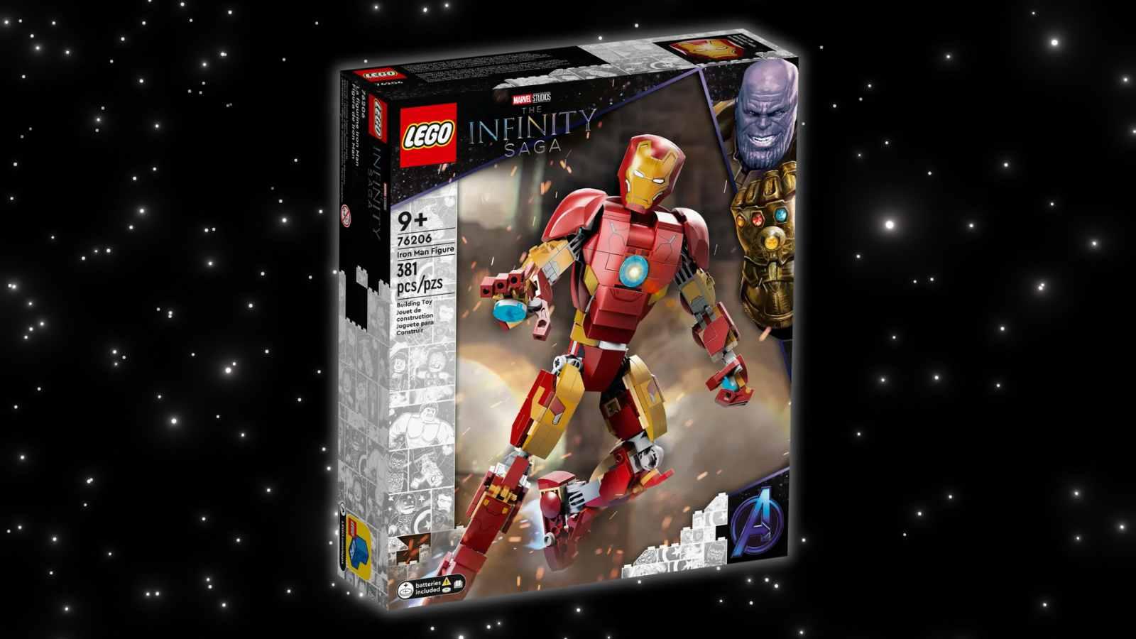 The LEGO Marvel Iron Man Figure on a galaxy background