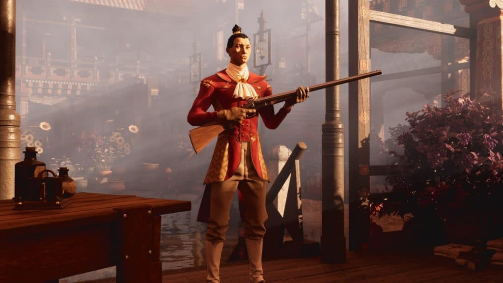 A player stands with a rifle in Nightingale.