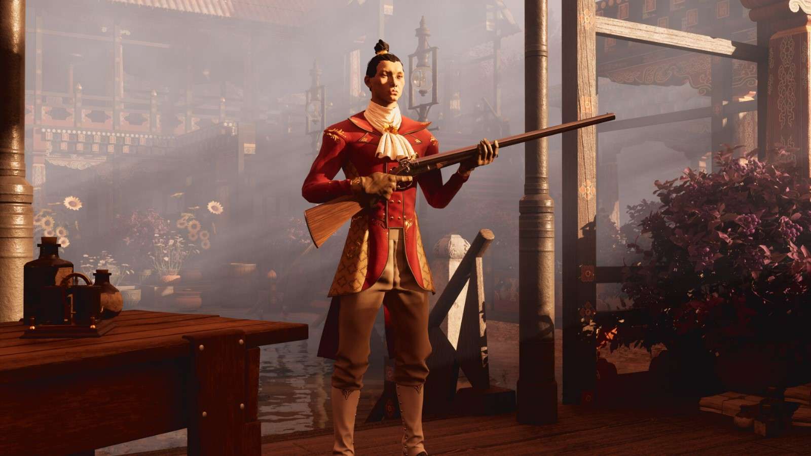 A player stands with a rifle in Nightingale.