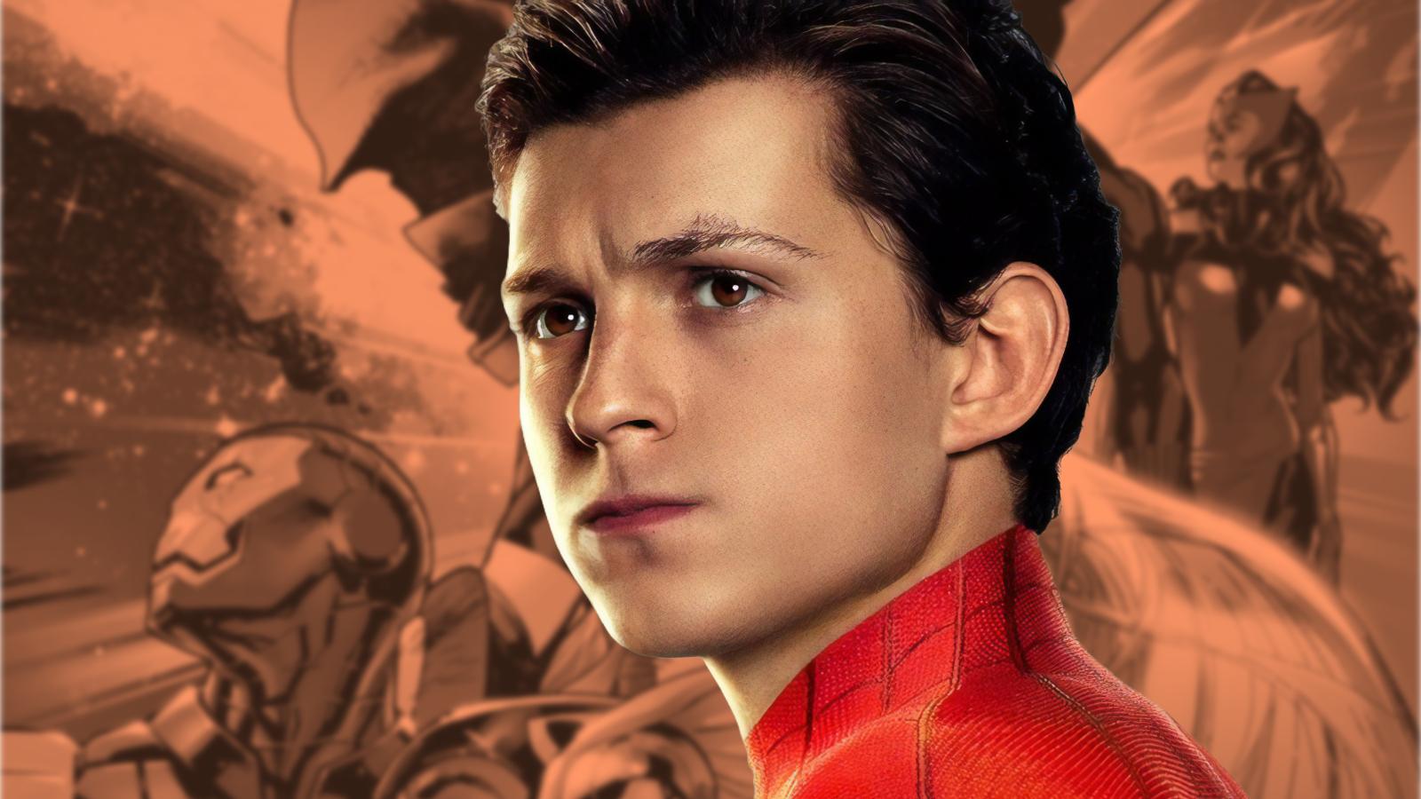 Tom Holland as Peter Parker/Spider-Man in front of an Avengers comic panel.