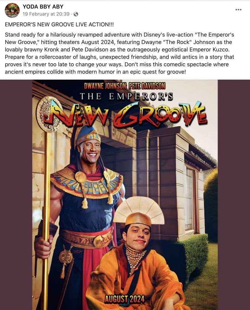 A Facebook post for a fake poster of a live-action Emperor's New Groove.
